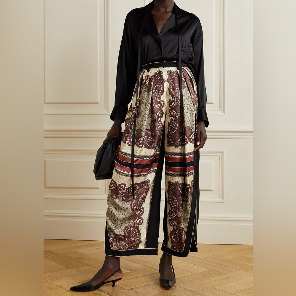 Rosie Assoulin 100% silk scarf pants burgundy, black and cream with gold edging